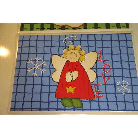 Merry Brite Vinyl Placemats 4 Santa Green Background 4 Angel Blue Background - Picture 2 of 6